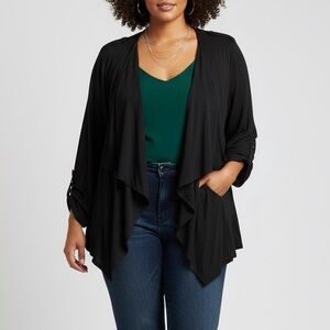 TORRID Sheer Back Drape Open Front Roll Tab Sleeve Cardigan Sweater Top Black 3